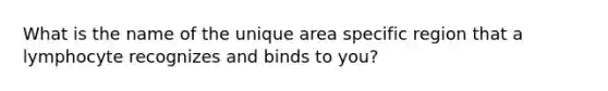 What is the name of the unique area specific region that a lymphocyte recognizes and binds to you?