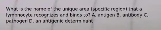 What is the name of the unique area (specific region) that a lymphocyte recognizes and binds to? A. antigen B. antibody C. pathogen D. an antigenic determinant