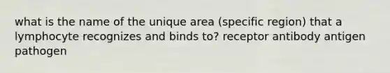 what is the name of the unique area (specific region) that a lymphocyte recognizes and binds to? receptor antibody antigen pathogen