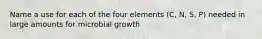 Name a use for each of the four elements (C, N, S, P) needed in large amounts for microbial growth