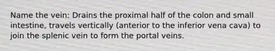 Name the vein: Drains the proximal half of the colon and small intestine, travels vertically (anterior to the inferior vena cava) to join the splenic vein to form the portal veins.