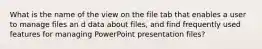 What is the name of the view on the file tab that enables a user to manage files an d data about files, and find frequently used features for managing PowerPoint presentation files?