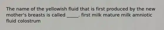 The name of the yellowish fluid that is first produced by the new mother's breasts is called _____. first milk mature milk amniotic fluid colostrum