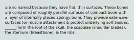 are so named because they have flat, thin surfaces. These bones are composed of roughly parallel surfaces of compact bone with a layer of internally placed spongy bone. They provide extensive surfaces for muscle attachment & protect underlying soft tissues. ______ form the roof of the skull, the scapulae (shoulder blades), the sternum (breastbone), & the ribs.