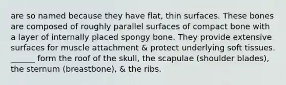 are so named because they have flat, thin surfaces. These bones are composed of roughly parallel surfaces of compact bone with a layer of internally placed spongy bone. They provide extensive surfaces for muscle attachment & protect underlying soft tissues. ______ form the roof of the skull, the scapulae (shoulder blades), the sternum (breastbone), & the ribs.