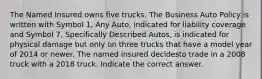 The Named Insured owns five trucks. The Business Auto Policy is written with Symbol 1, Any Auto, indicated for liability coverage and Symbol 7, Specifically Described Autos, is indicated for physical damage but only on three trucks that have a model year of 2014 or newer. The named insured decidesto trade in a 2008 truck with a 2018 truck. Indicate the correct answer.