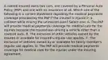 A named insured owns two cars, one covered by a Personal Auto Policy (PAP) and one with no insurance at all. Which one of the following is a correct statement regarding the medical payments coverage provided by the PAP if the insured is injured in a collision while driving the uninsured auto? Select one: A. The PAP will provide medical payments coverage for medical care for the injuries because the insured was driving a vehicle other than a covered auto. B. The exclusion of other vehicles owned by the insured or available for insured's regular use applies. C. The exclusion of vehicles owned by or available for family member's regular use applies. D. The PAP will provide medical payments coverage for medical care for the injuries under the insuring agreement.