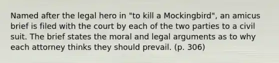 Named after the legal hero in "to kill a Mockingbird", an amicus brief is filed with the court by each of the two parties to a civil suit. The brief states the moral and legal arguments as to why each attorney thinks they should prevail. (p. 306)