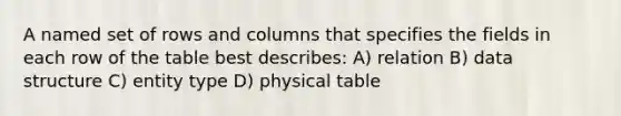 A named set of rows and columns that specifies the fields in each row of the table best describes: A) relation B) data structure C) entity type D) physical table