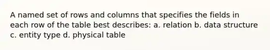 A named set of rows and columns that specifies the fields in each row of the table best describes: a. relation b. data structure c. entity type d. physical table