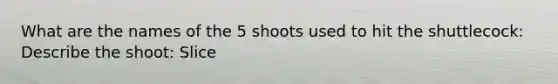 What are the names of the 5 shoots used to hit the shuttlecock: Describe the shoot: Slice