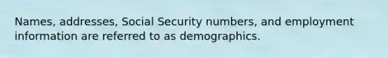 Names, addresses, Social Security numbers, and employment information are referred to as demographics.