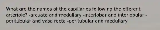 What are the names of the capillaries following the efferent arteriole? -arcuate and medullary -interlobar and interlobular -peritubular and vasa recta -peritubular and medullary