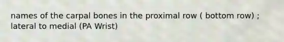 names of the carpal bones in the proximal row ( bottom row) ; lateral to medial (PA Wrist)