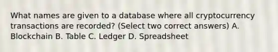 What names are given to a database where all cryptocurrency transactions are recorded? (Select two correct answers) A. Blockchain B. Table C. Ledger D. Spreadsheet