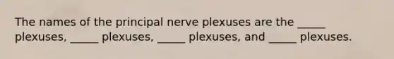 The names of the principal nerve plexuses are the _____ plexuses, _____ plexuses, _____ plexuses, and _____ plexuses.