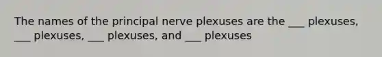 The names of the principal nerve plexuses are the ___ plexuses, ___ plexuses, ___ plexuses, and ___ plexuses