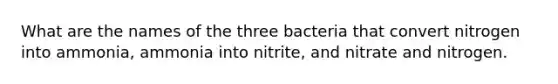 What are the names of the three bacteria that convert nitrogen into ammonia, ammonia into nitrite, and nitrate and nitrogen.