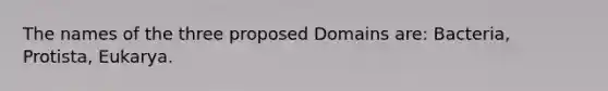 The names of the three proposed Domains are: Bacteria, Protista, Eukarya.