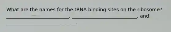 What are the names for the tRNA binding sites on the ribosome? __________________________, ___________________________, and _____________________________.