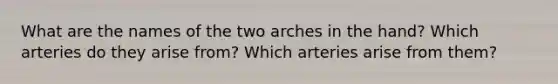 What are the names of the two arches in the hand? Which arteries do they arise from? Which arteries arise from them?