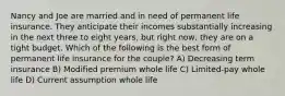 Nancy and Joe are married and in need of permanent life insurance. They anticipate their incomes substantially increasing in the next three to eight years, but right now, they are on a tight budget. Which of the following is the best form of permanent life insurance for the couple? A) Decreasing term insurance B) Modified premium whole life C) Limited-pay whole life D) Current assumption whole life