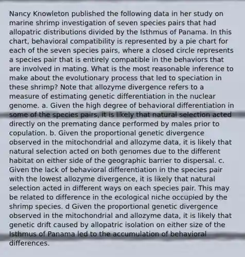 Nancy Knowleton published the following data in her study on marine shrimp investigation of seven species pairs that had allopatric distributions divided by the Isthmus of Panama. In this chart, behavioral compatibility is represented by a pie chart for each of the seven species pairs, where a closed circle represents a species pair that is entirely compatible in the behaviors that are involved in mating. What is the most reasonable inference to make about the evolutionary process that led to speciation in these shrimp? Note that allozyme divergence refers to a measure of estimating genetic differentiation in the nuclear genome. a. Given the high degree of behavioral differentiation in some of the species pairs, it is likely that natural selection acted directly on the premating dance performed by males prior to copulation. b. Given the proportional genetic divergence observed in the mitochondrial and allozyme data, it is likely that natural selection acted on both genomes due to the different habitat on either side of the geographic barrier to dispersal. c. Given the lack of behavioral differentiation in the species pair with the lowest allozyme divergence, it is likely that natural selection acted in different ways on each species pair. This may be related to difference in the ecological niche occupied by the shrimp species. d Given the proportional genetic divergence observed in the mitochondrial and allozyme data, it is likely that genetic drift caused by allopatric isolation on either size of the Isthmus of Panama led to the accumulation of behavioral differences.