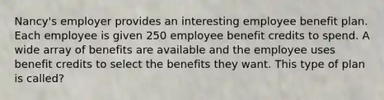 Nancy's employer provides an interesting employee benefit plan. Each employee is given 250 employee benefit credits to spend. A wide array of benefits are available and the employee uses benefit credits to select the benefits they want. This type of plan is called?