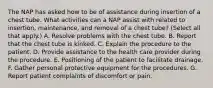 The NAP has asked how to be of assistance during insertion of a chest tube. What activities can a NAP assist with related to insertion, maintenance, and removal of a chest tube? (Select all that apply.) A. Resolve problems with the chest tube. B. Report that the chest tube is kinked. C. Explain the procedure to the patient. D. Provide assistance to the health care provider during the procedure. E. Positioning of the patient to facilitate drainage. F. Gather personal protective equipment for the procedures. G. Report patient complaints of discomfort or pain.