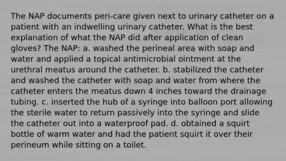 The NAP documents peri-care given next to urinary catheter on a patient with an indwelling urinary catheter. What is the best explanation of what the NAP did after application of clean gloves? The NAP: a. washed the perineal area with soap and water and applied a topical antimicrobial ointment at the urethral meatus around the catheter. b. stabilized the catheter and washed the catheter with soap and water from where the catheter enters the meatus down 4 inches toward the drainage tubing. c. inserted the hub of a syringe into balloon port allowing the sterile water to return passively into the syringe and slide the catheter out into a waterproof pad. d. obtained a squirt bottle of warm water and had the patient squirt it over their perineum while sitting on a toilet.