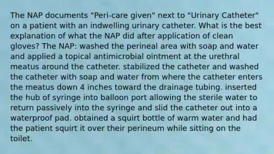 The NAP documents "Peri-care given" next to "Urinary Catheter" on a patient with an indwelling urinary catheter. What is the best explanation of what the NAP did after application of clean gloves? The NAP: washed the perineal area with soap and water and applied a topical antimicrobial ointment at the urethral meatus around the catheter. stabilized the catheter and washed the catheter with soap and water from where the catheter enters the meatus down 4 inches toward the drainage tubing. inserted the hub of syringe into balloon port allowing the sterile water to return passively into the syringe and slid the catheter out into a waterproof pad. obtained a squirt bottle of warm water and had the patient squirt it over their perineum while sitting on the toilet.