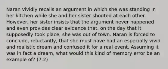 Naran vividly recalls an argument in which she was standing in her kitchen while she and her sister shouted at each other. However, her sister insists that the argument never happened and even provides clear evidence that, on the day that it supposedly took place, she was out of town. Naran is forced to conclude, reluctantly, that she must have had an especially vivid and realistic dream and confused it for a real event. Assuming it was in fact a dream, what would this kind of memory error be an example of? (7.2)