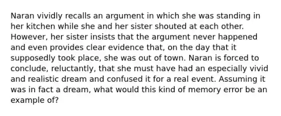 Naran vividly recalls an argument in which she was standing in her kitchen while she and her sister shouted at each other. However, her sister insists that the argument never happened and even provides clear evidence that, on the day that it supposedly took place, she was out of town. Naran is forced to conclude, reluctantly, that she must have had an especially vivid and realistic dream and confused it for a real event. Assuming it was in fact a dream, what would this kind of memory error be an example of?