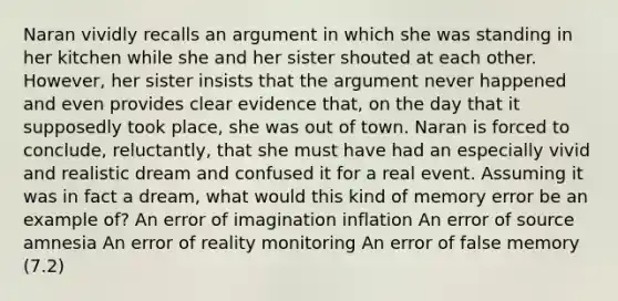 Naran vividly recalls an argument in which she was standing in her kitchen while she and her sister shouted at each other. However, her sister insists that the argument never happened and even provides clear evidence that, on the day that it supposedly took place, she was out of town. Naran is forced to conclude, reluctantly, that she must have had an especially vivid and realistic dream and confused it for a real event. Assuming it was in fact a dream, what would this kind of memory error be an example of? An error of imagination inflation An error of source amnesia An error of reality monitoring An error of false memory (7.2)