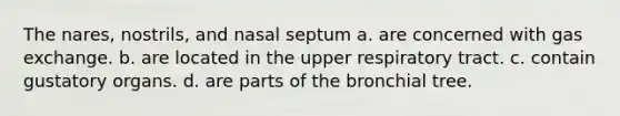 The nares, nostrils, and nasal septum a. are concerned with <a href='https://www.questionai.com/knowledge/kU8LNOksTA-gas-exchange' class='anchor-knowledge'>gas exchange</a>. b. are located in the upper respiratory tract. c. contain gustatory organs. d. are parts of the bronchial tree.