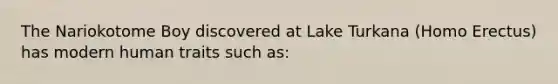 The Nariokotome Boy discovered at Lake Turkana (Homo Erectus) has modern human traits such as: