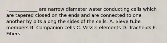 . ____________ are narrow diameter water conducting cells which are tapered closed on the ends and are connected to one another by pits along the sides of the cells. A. Sieve tube members B. Companion cells C. Vessel elements D. Tracheids E. Fibers