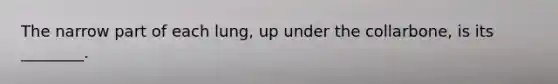 The narrow part of each lung, up under the collarbone, is its ________.