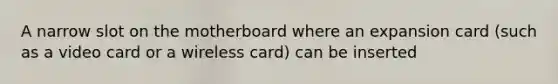 A narrow slot on the motherboard where an expansion card (such as a video card or a wireless card) can be inserted