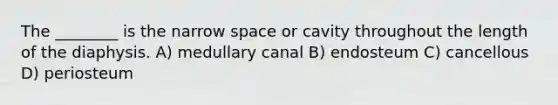 The ________ is the narrow space or cavity throughout the length of the diaphysis. A) medullary canal B) endosteum C) cancellous D) periosteum