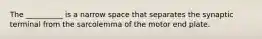 The __________ is a narrow space that separates the synaptic terminal from the sarcolemma of the motor end plate.