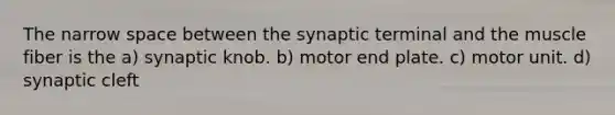 The narrow space between the synaptic terminal and the muscle fiber is the a) synaptic knob. b) motor end plate. c) motor unit. d) synaptic cleft