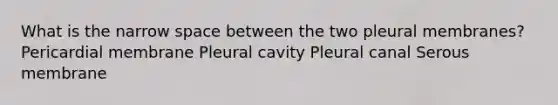 What is the narrow space between the two pleural membranes? Pericardial membrane Pleural cavity Pleural canal Serous membrane