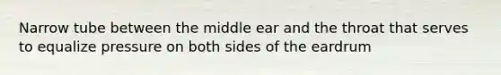 Narrow tube between the middle ear and the throat that serves to equalize pressure on both sides of the eardrum