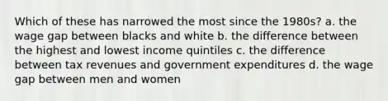 Which of these has narrowed the most since the 1980s? a. the wage gap between blacks and white b. the difference between the highest and lowest income quintiles c. the difference between tax revenues and government expenditures d. the wage gap between men and women