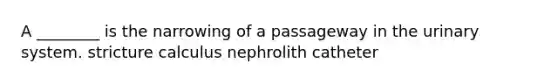 A ________ is the narrowing of a passageway in the urinary system. stricture calculus nephrolith catheter