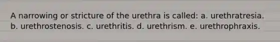 A narrowing or stricture of the urethra is called: a. urethratresia. b. urethrostenosis. c. urethritis. d. urethrism. e. urethrophraxis.