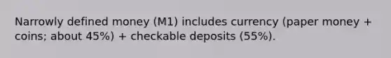 Narrowly defined money (M1) includes currency (paper money + coins; about 45%) + checkable deposits (55%).