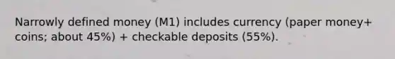 Narrowly defined money (M1) includes currency (paper money+ coins; about 45%) + checkable deposits (55%).