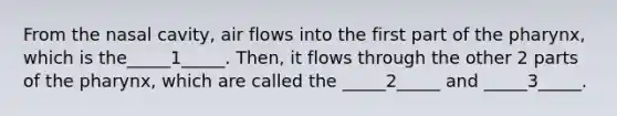 From the nasal cavity, air flows into the first part of the pharynx, which is the_____1_____. Then, it flows through the other 2 parts of the pharynx, which are called the _____2_____ and _____3_____.